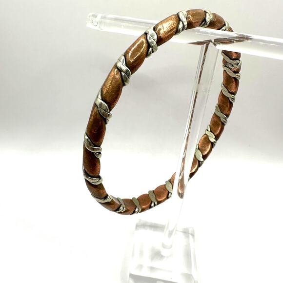 Copper Twist Bangle Bracelet Silver tone Heavy Western Southwestern Rustic Metal - Picture 1 of 10